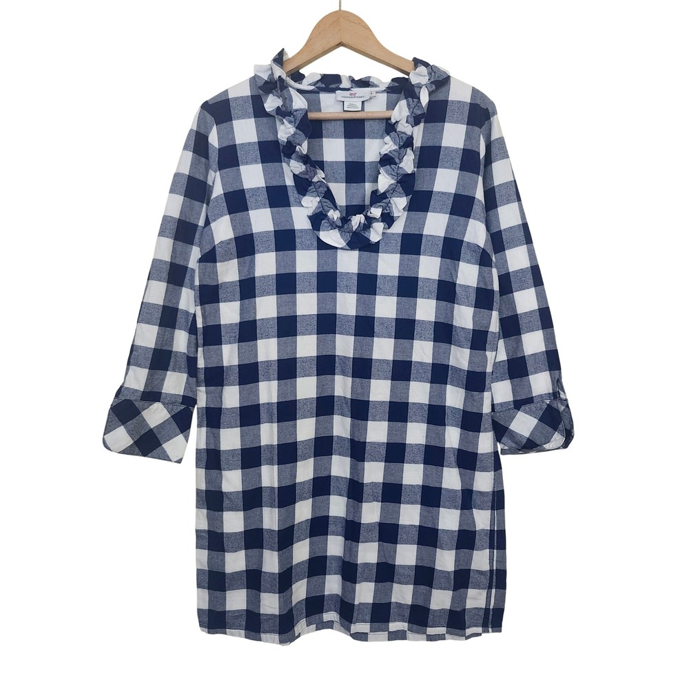 Vineyard Vines Buffalo Plaid Flannel Dress Size 6 Navy Blue White Ruffle V-Neck